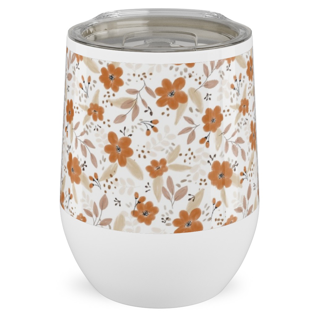 Fall Floral Stainless Steel Travel Tumbler, 12oz, Orange, Antique White