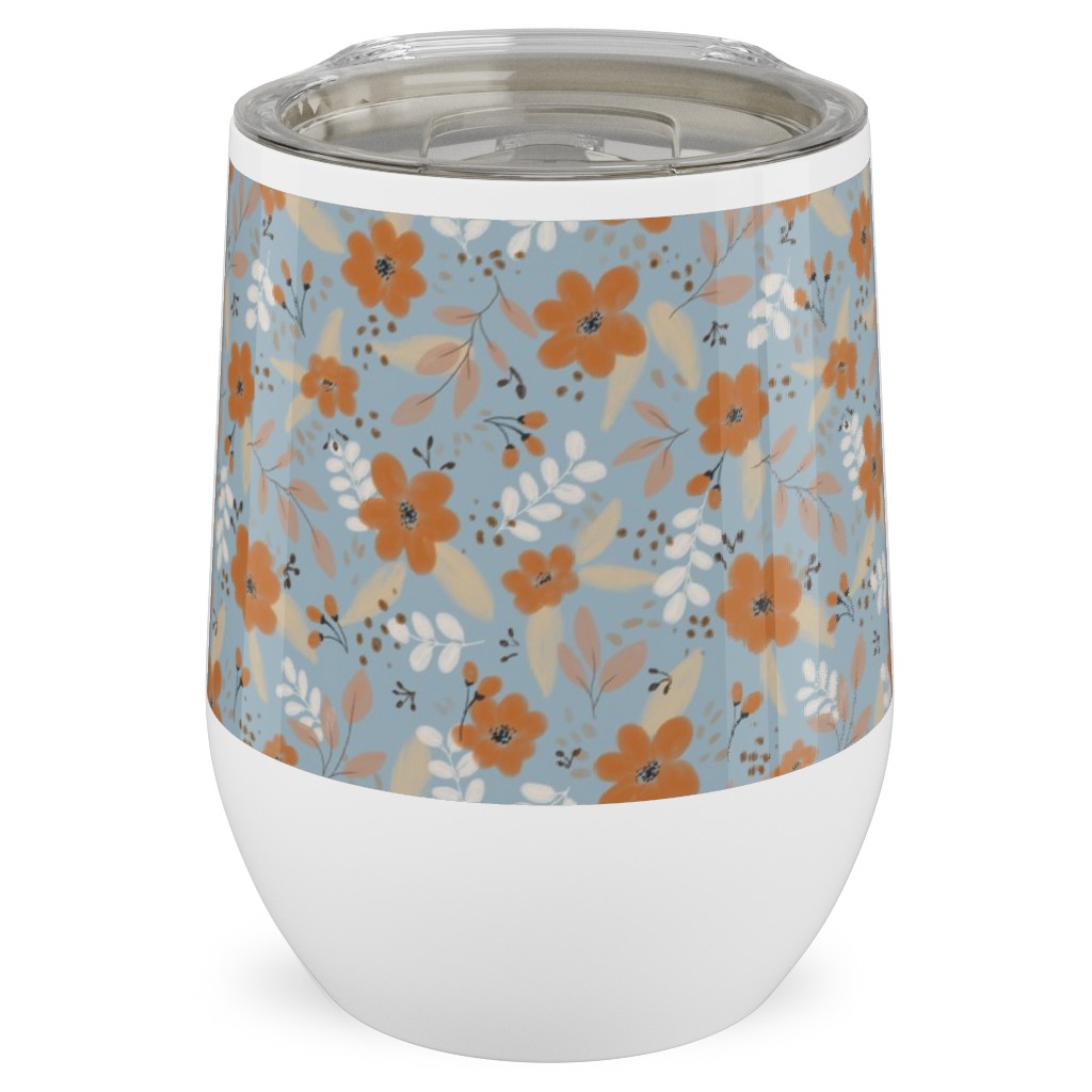 Fall Floral Stainless Steel Travel Tumbler, 12oz, Blue, Cool Gray