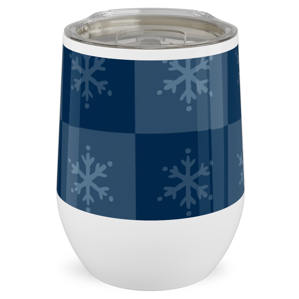 Scandi Cozy Winter Checkered Blue Snowflake Stainless Steel Travel Tumbler, 12oz, Blue, True Blue