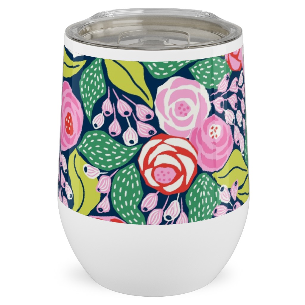 Colourful Papercut Roses - Pink on Dark Blue Stainless Steel Travel Tumbler, 12oz, Pink
