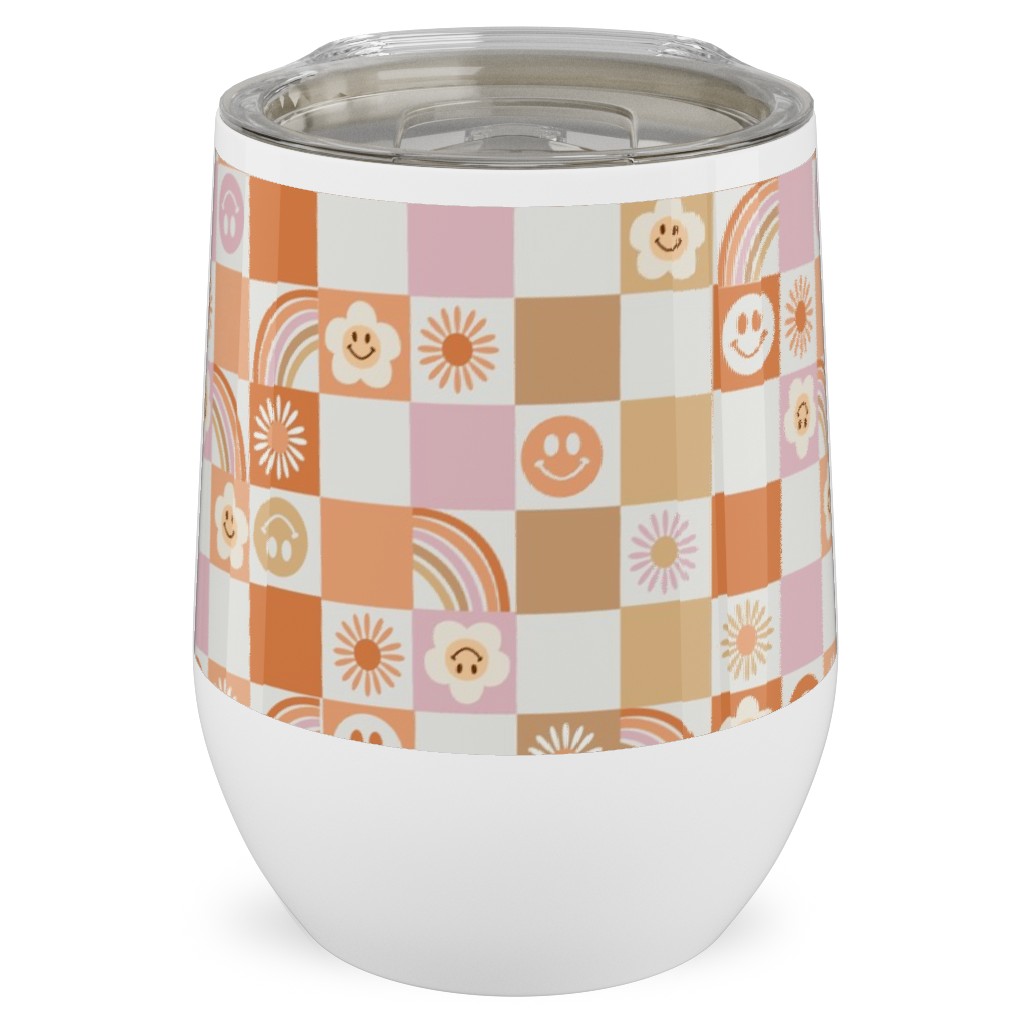 Retro Checkerboard - Daisy, Smile, Happy - Pink Orange Stainless Steel Travel Tumbler, 12oz, Orange, Orange