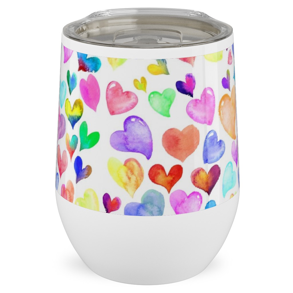 Colorful Watercolor Hearts - Multi on White Stainless Steel Travel Tumbler, 12oz, Multicolor