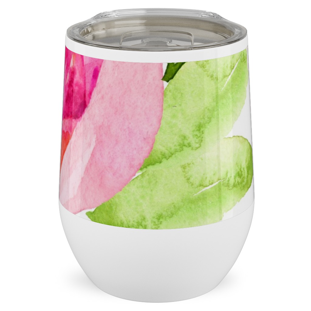 Spring Peonies, Roses, and Poppies - Watercolor Stainless Steel Travel Tumbler, 12oz, Pink