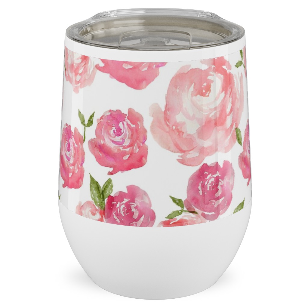 Watercolor Floral - Pink Stainless Steel Travel Tumbler, 12oz, Pink
