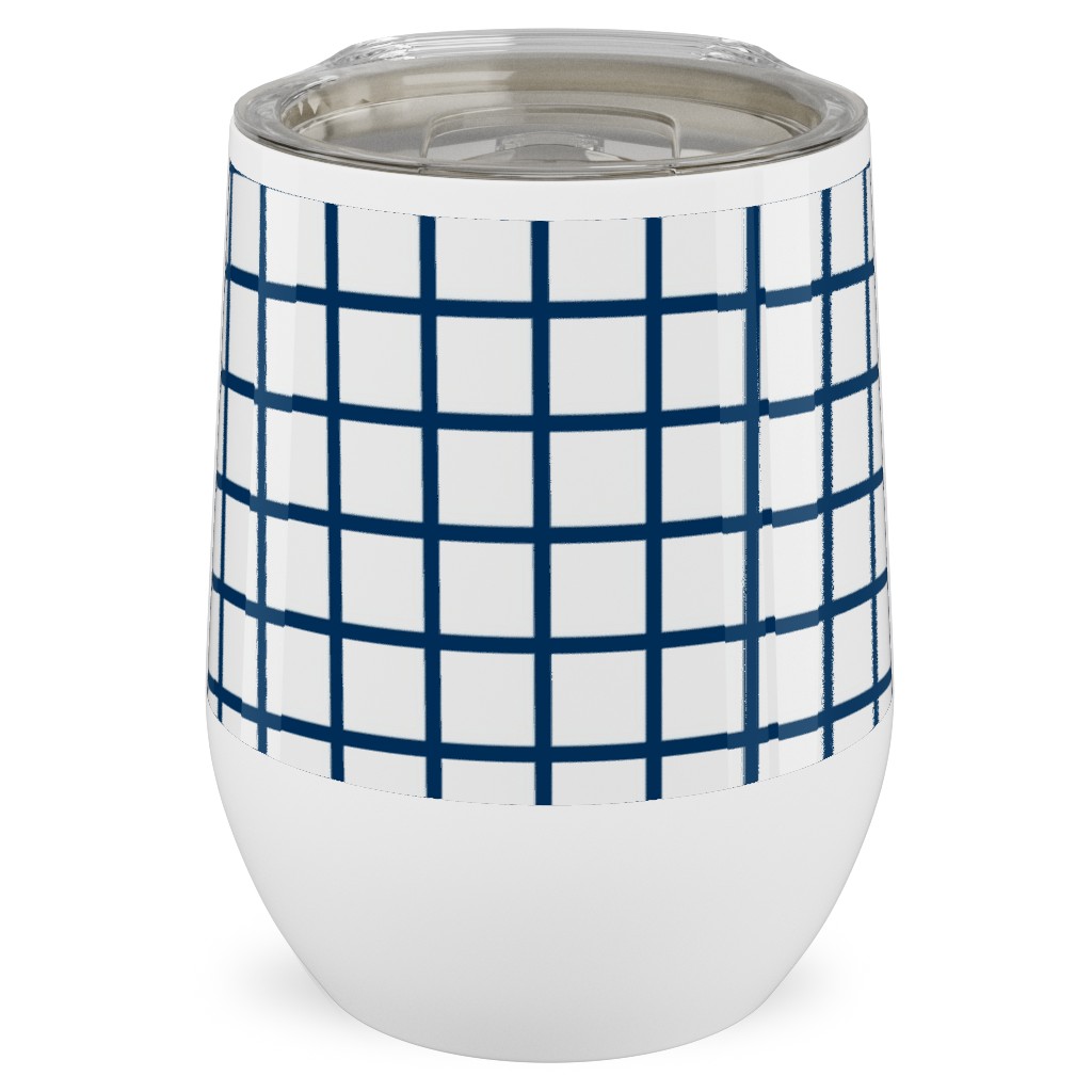 Grid - Navy and White Stainless Steel Travel Tumbler, 12oz, Blue, True Blue