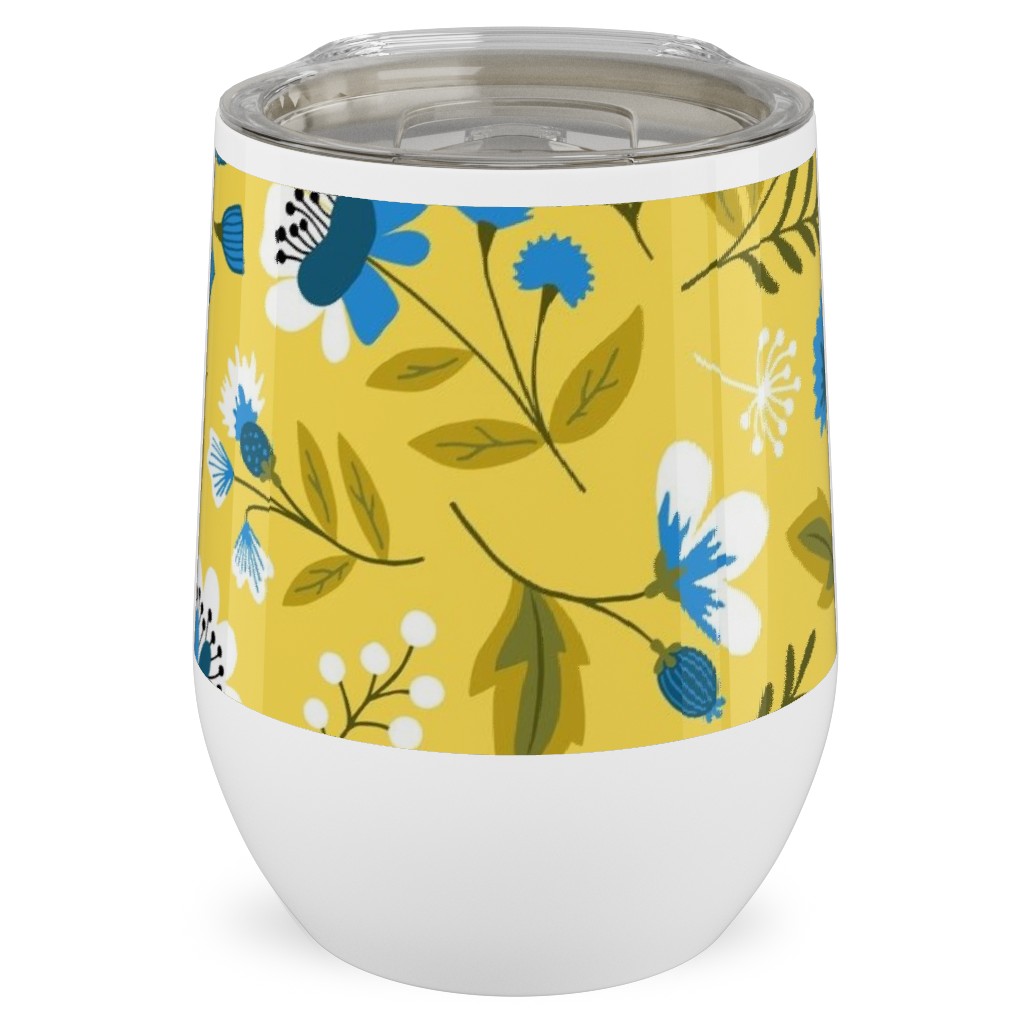 Colorful Spring Flowers - Blue on Yellow Stainless Steel Travel Tumbler, 12oz, Yellow