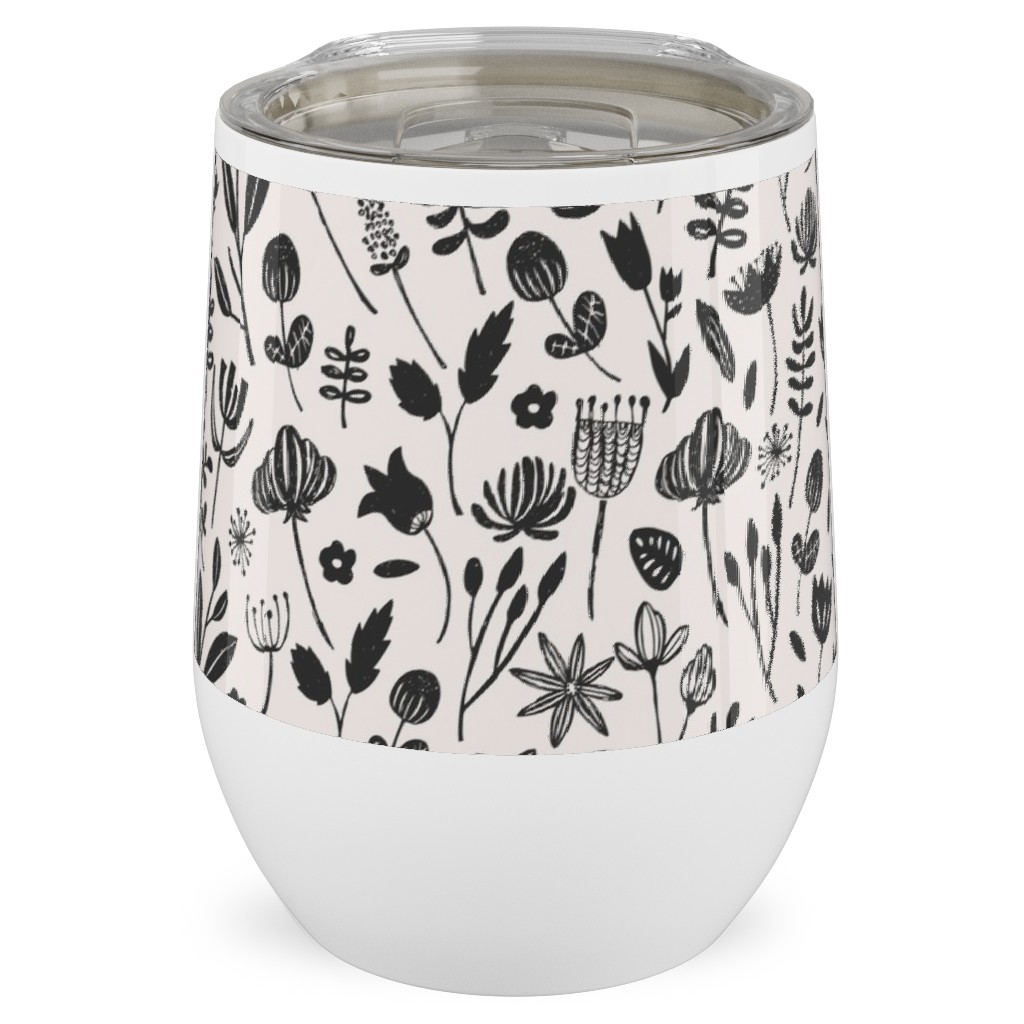 Folk Botanical Print - Neutral Stainless Steel Travel Tumbler, 12oz, Beige, Pearl