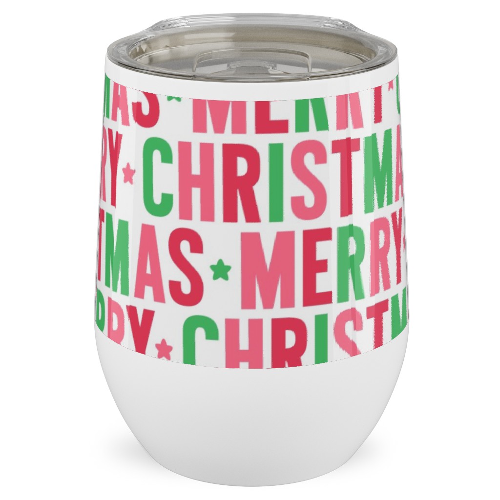 Merry Christmas Uppercase - Green, Pink, Red Stainless Steel Travel Tumbler, 12oz, Multicolor