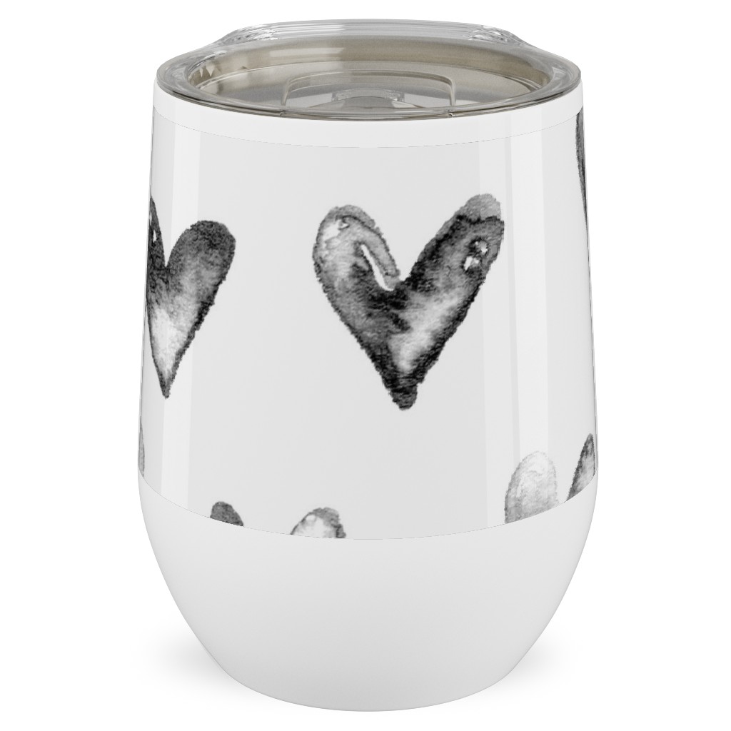 Watercolor Hearts - Black and White Stainless Steel Travel Tumbler, 12oz, Black, Black