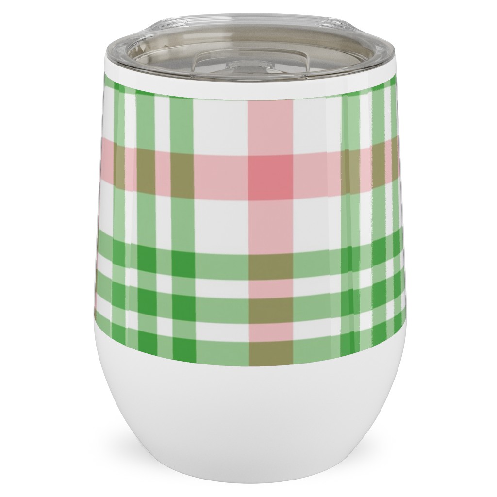 Pink, Green, and White Plaid Stainless Steel Travel Tumbler, 12oz, Green
