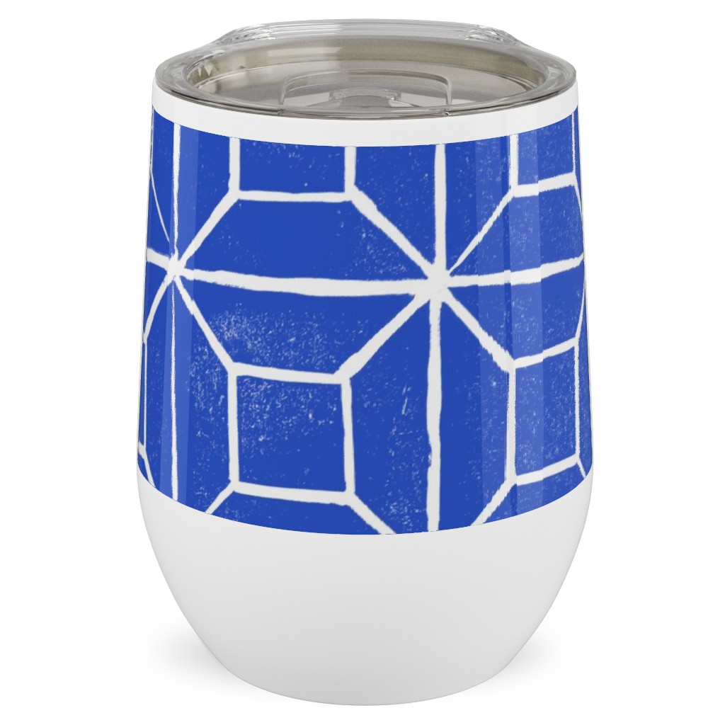 Geometric Lino - Cobalt Stainless Steel Travel Tumbler, 12oz, Blue, True Blue