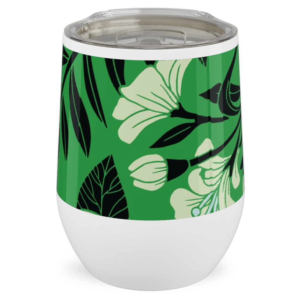 Green, Black & White Floral Pattern Stainless Steel Travel Tumbler, 12oz, Green, Classic Green