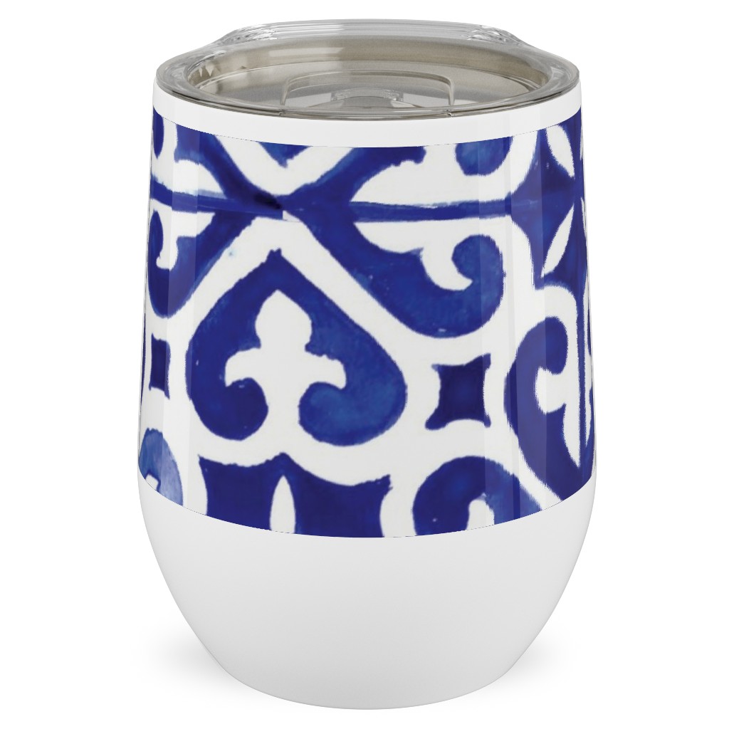 Lisbon Tiles Watercolor - Blue Stainless Steel Travel Tumbler, 12oz, Blue