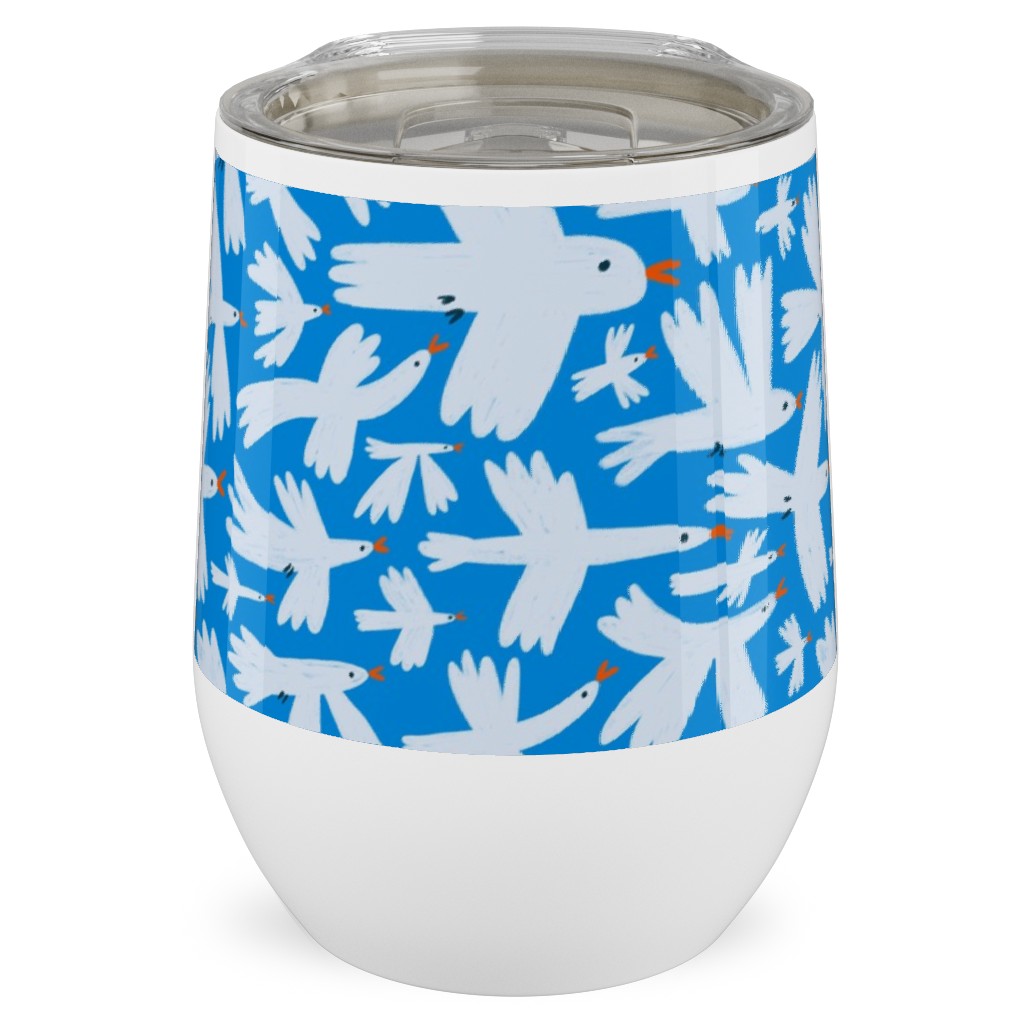 Birds - White on Blue Stainless Steel Travel Tumbler, 12oz, Blue, True Blue