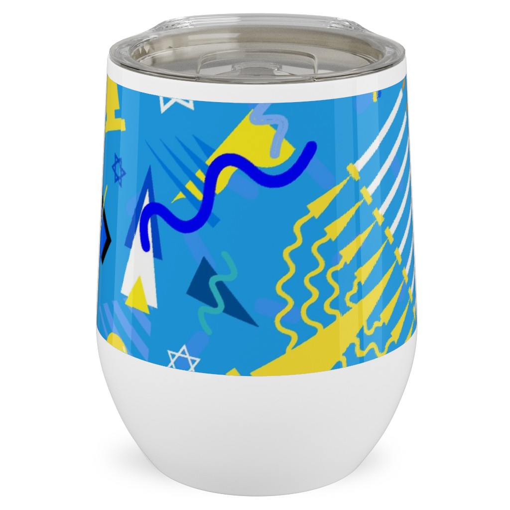 80s Hanukkah Celebration - Blue Stainless Steel Travel Tumbler, 12oz, Blue