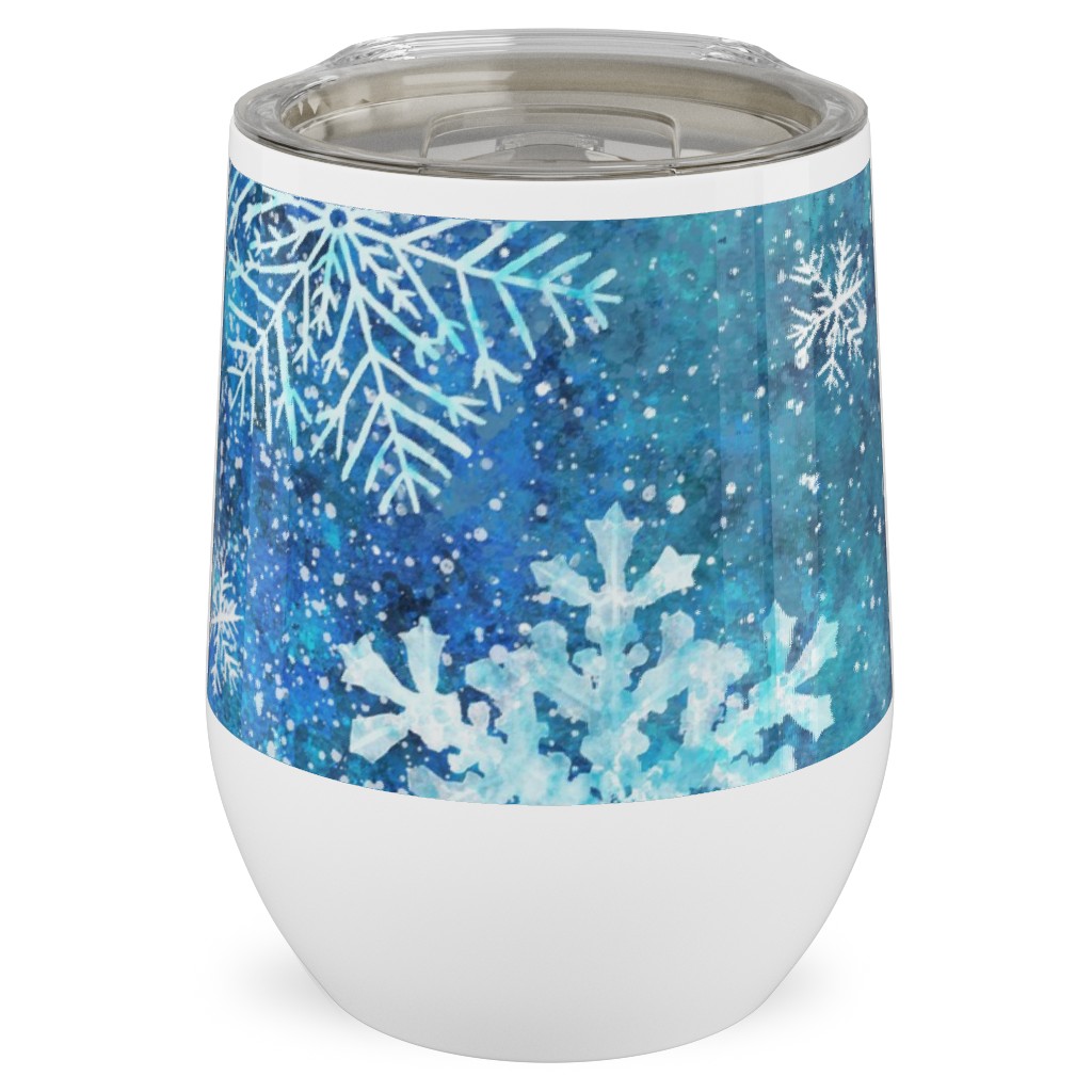 Whinsical Snowflakes Handpainted With Watercolors - Blue Stainless Steel Travel Tumbler, 12oz, Blue