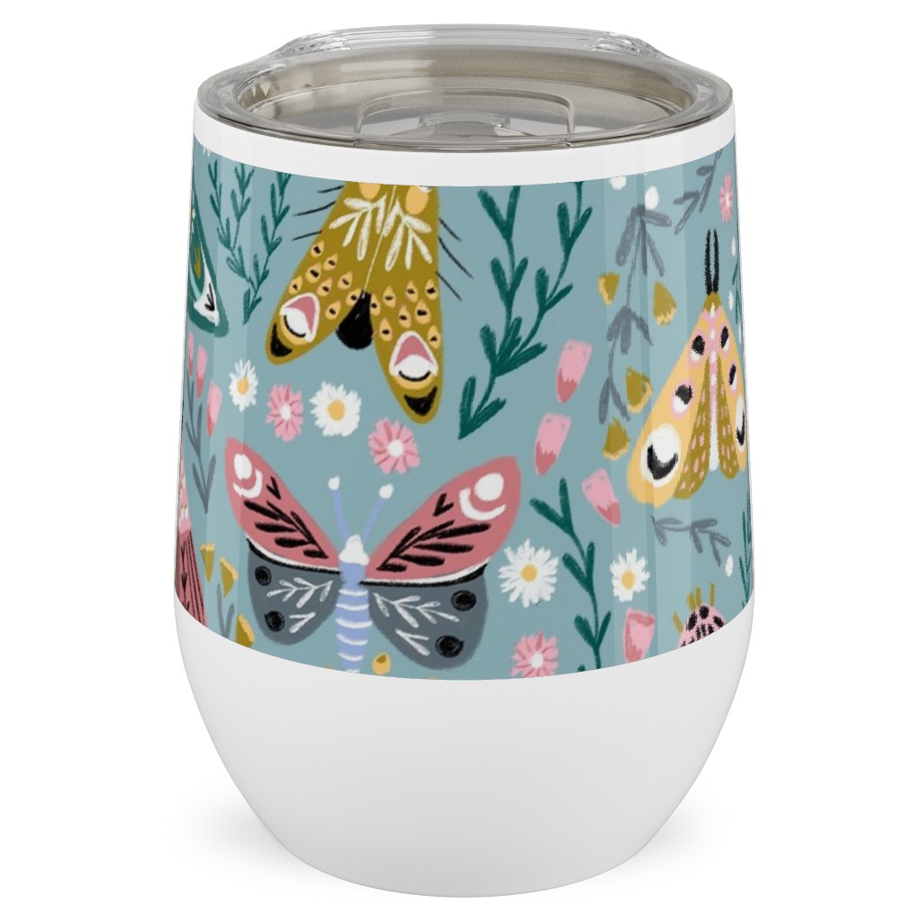 Spring Floral and Butterflies - Blue Stainless Steel Travel Tumbler, 12oz, Multicolor