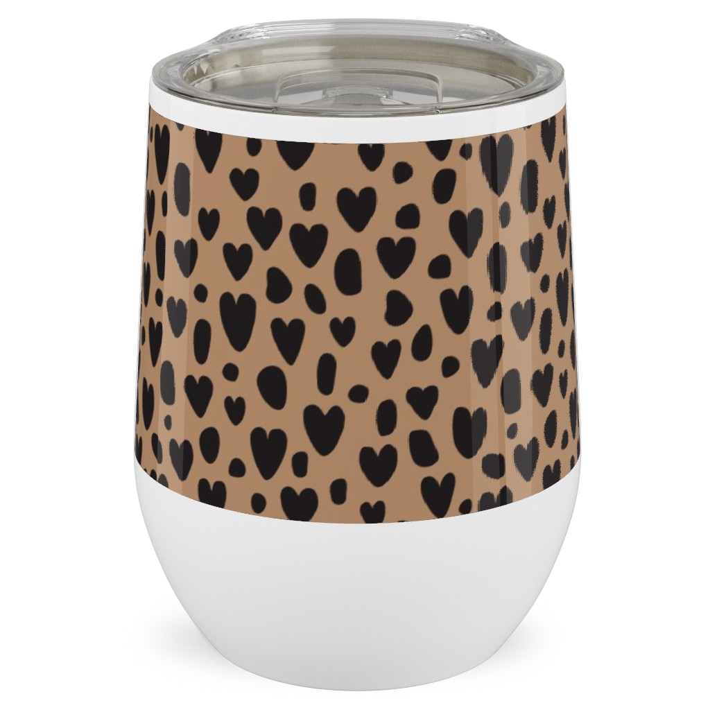 Leopard Hearts - Brown Stainless Steel Travel Tumbler, 12oz, Brown