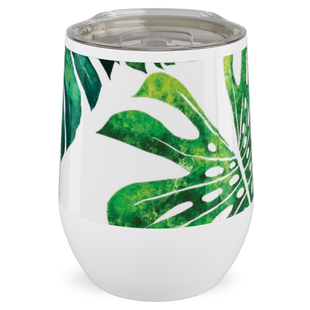 Monstera Leaves - Green on White Stainless Steel Travel Tumbler, 12oz, Green, Classic Green