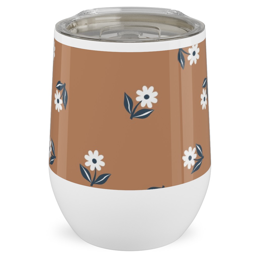 Romantic Boho Daisy Flowers - Scandinavian Print - Caramel Brown Blue Stainless Steel Travel Tumbler, 12oz, Orange