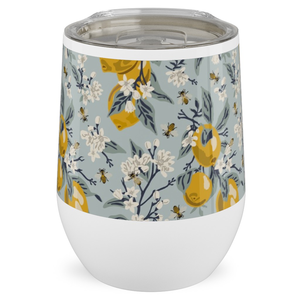 Bees & Lemons - Blue Stainless Steel Travel Tumbler, 12oz, Blue, True Blue