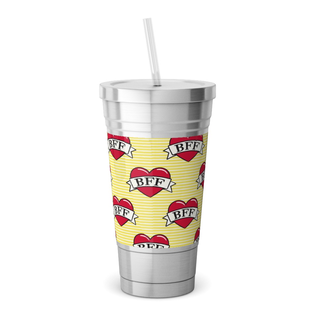 Bff Heart Tattoo Stainless Tumbler with Straw, 18oz, Yellow