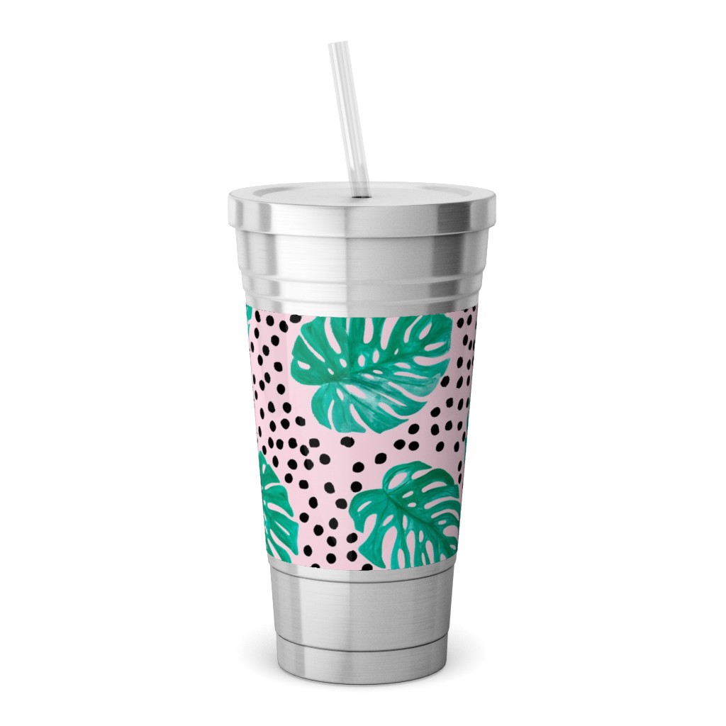 Tropical Monstera - Pink Stainless Tumbler with Straw, 18oz, Pink