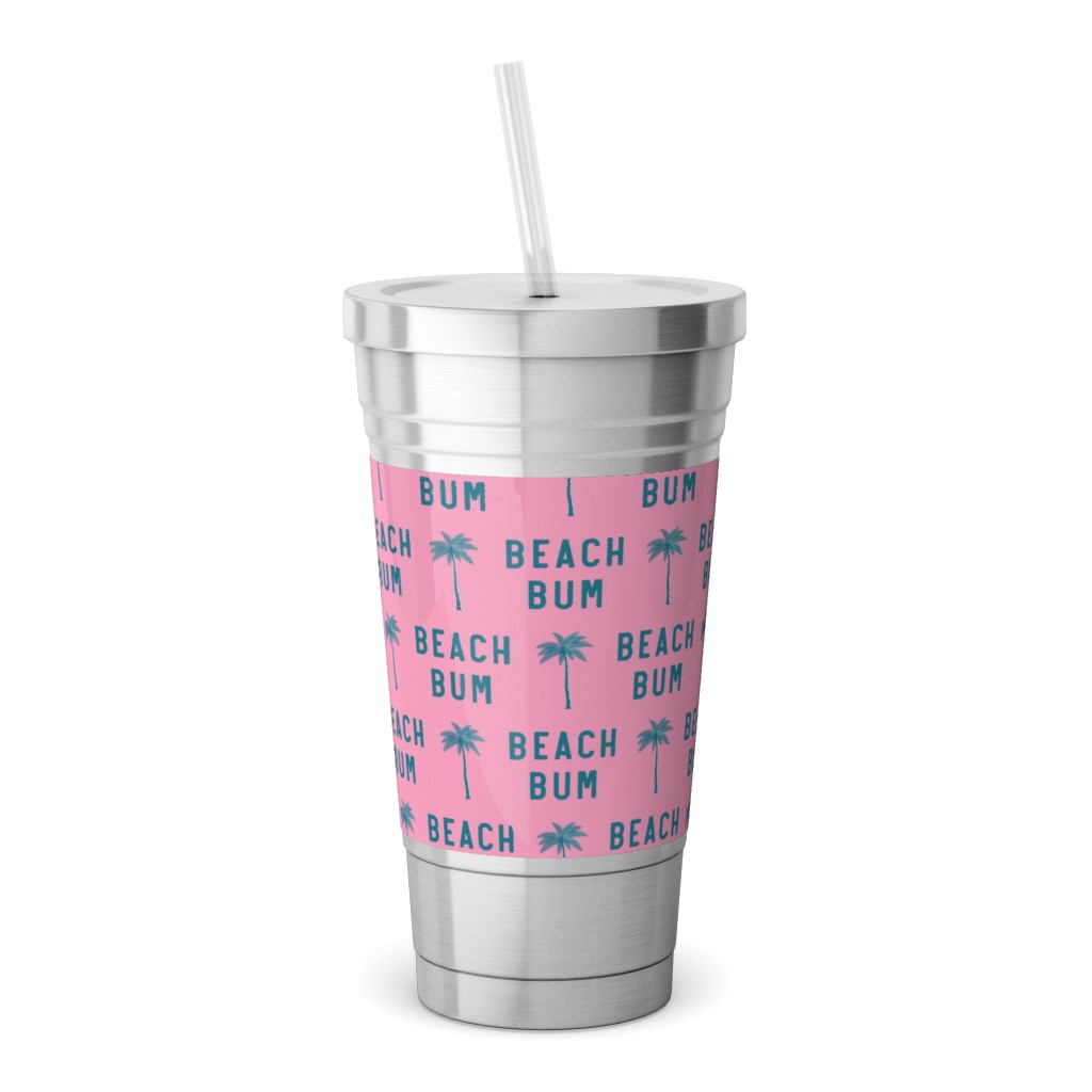 Beach Bum - Teal on Pink Stainless Tumbler with Straw, 18oz, Pink