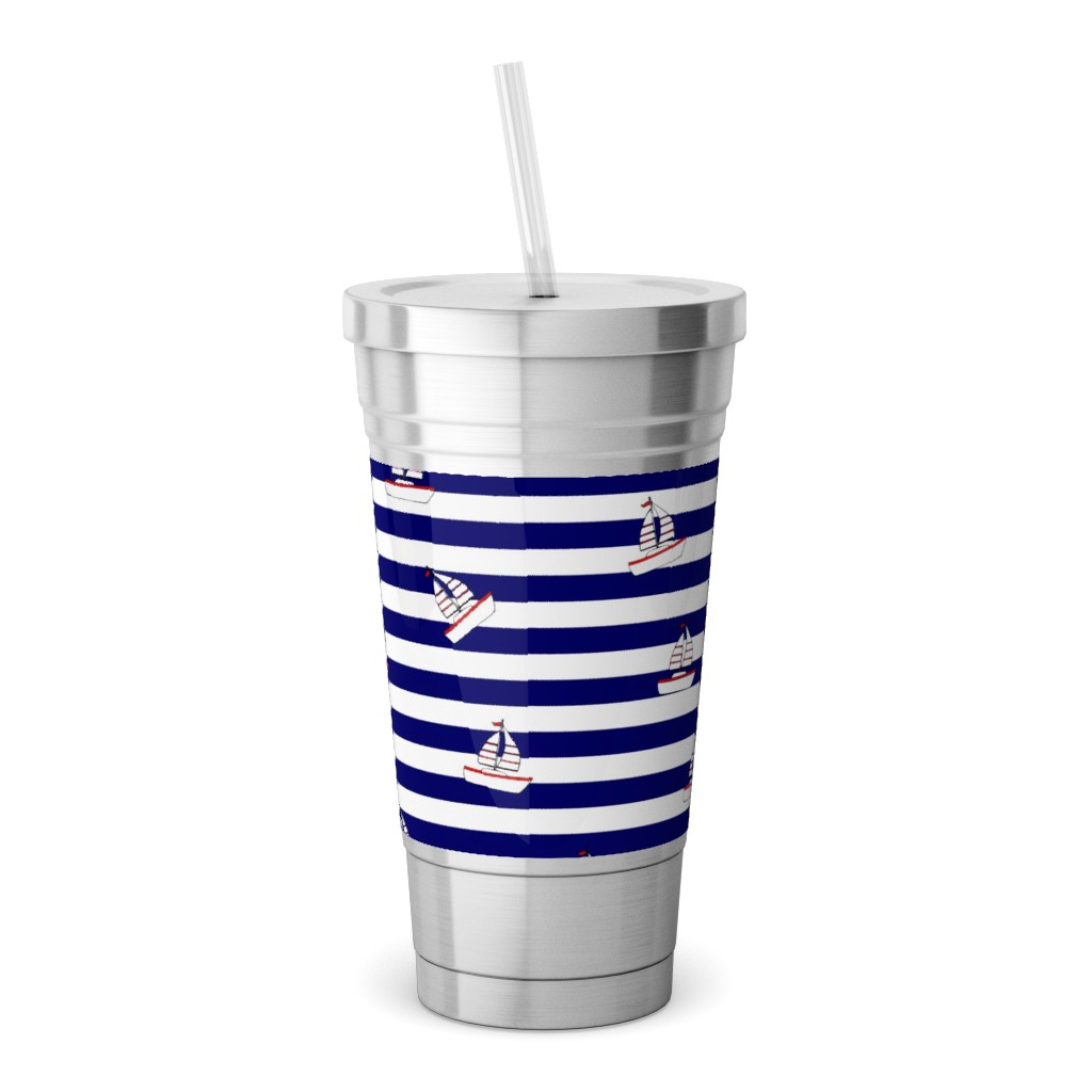 Sea and Boats Stripes - Blue Stainless Tumbler with Straw, 18oz, Blue