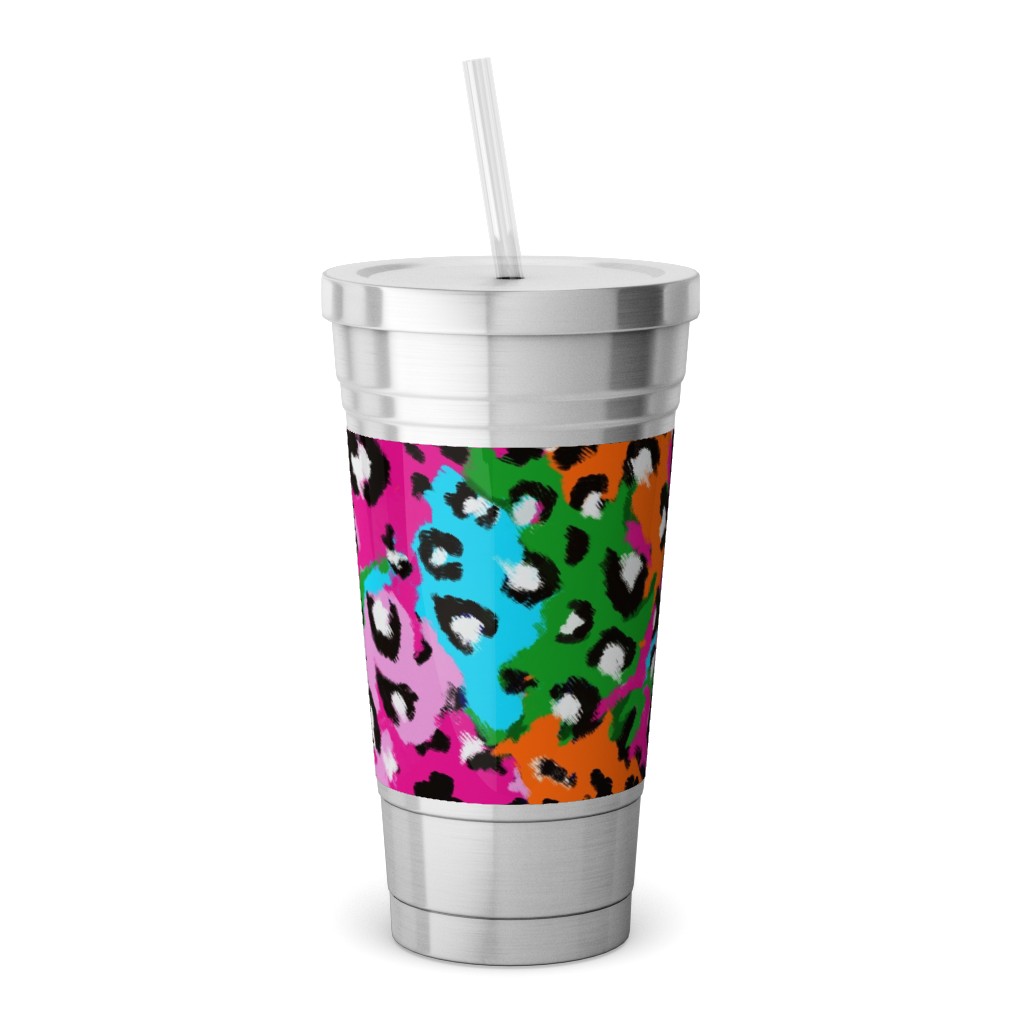 Leopard Print - Multi Stainless Tumbler with Straw, 18oz, Multicolor