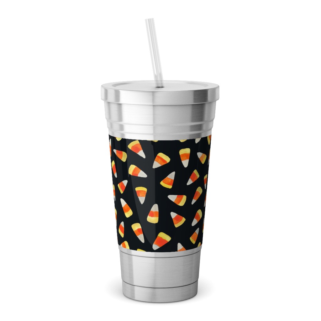 Watercolor Candy Corn - Black Stainless Tumbler with Straw, 18oz, Black