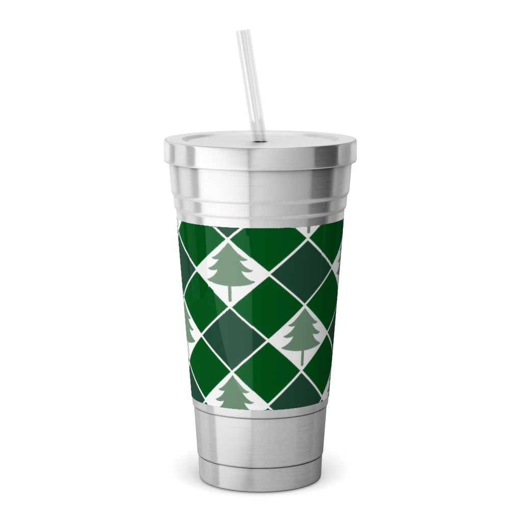 Christmas Tree Checkers - Green Stainless Tumbler with Straw, 18oz, Green