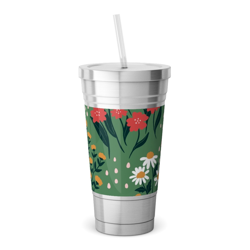 Flowerbed Stainless Tumbler with Straw, 18oz, Green