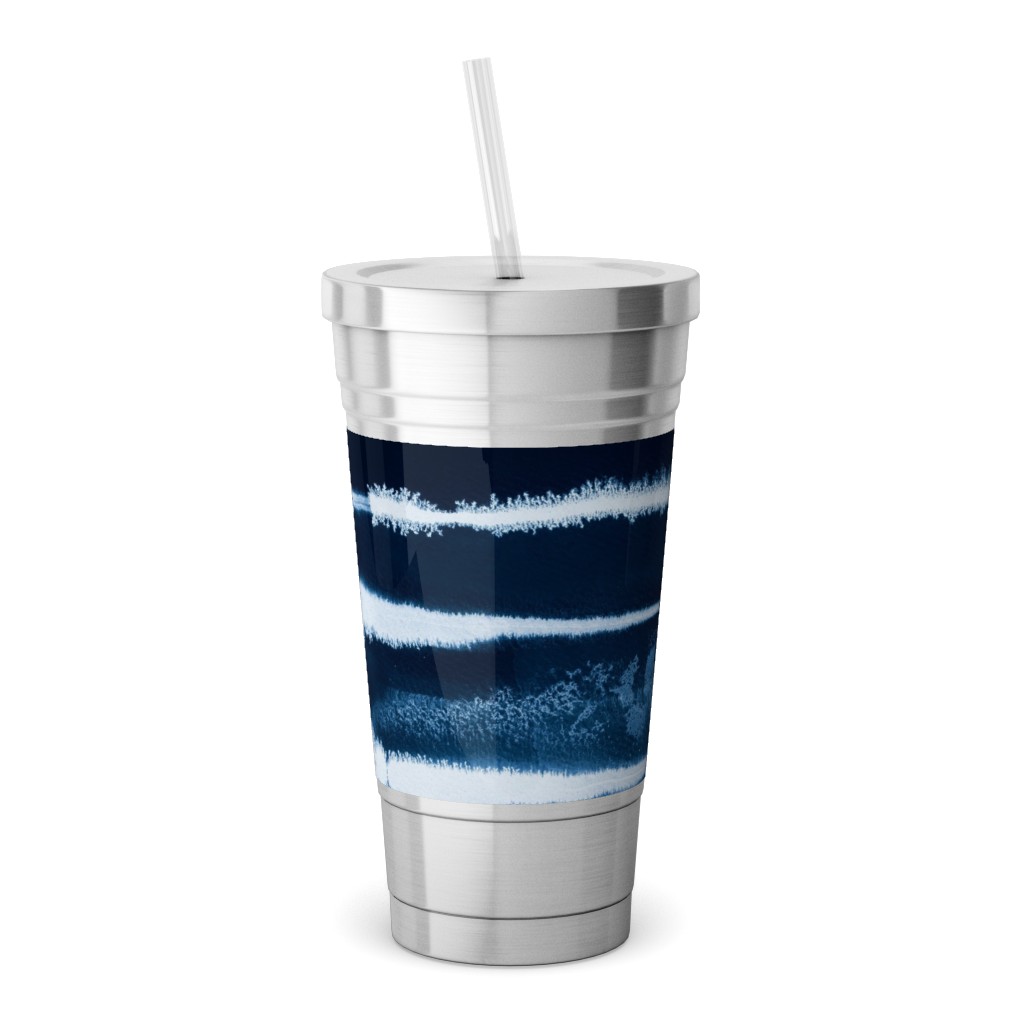 Ikat Watercolor Stripes - Navy Stainless Tumbler with Straw, 18oz, Blue
