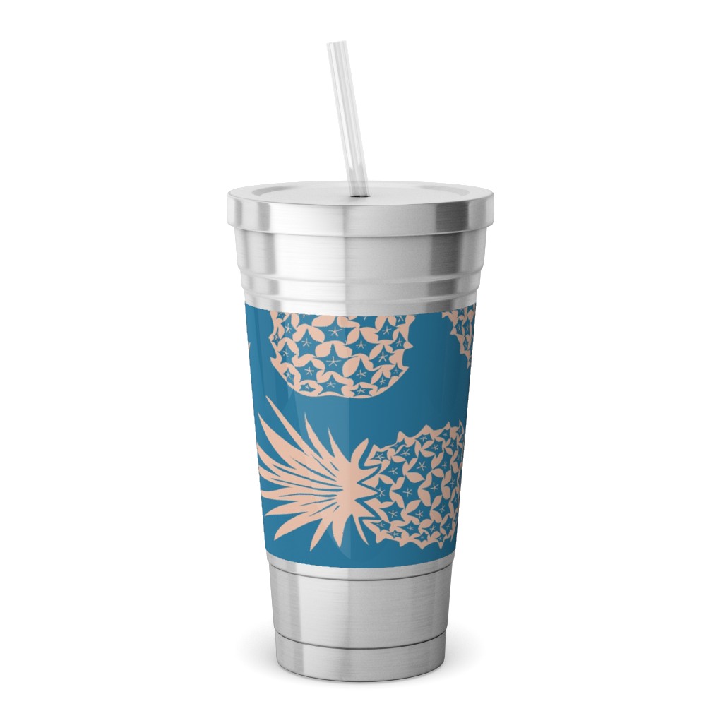 Pineapples Stainless Tumbler with Straw, 18oz, Blue