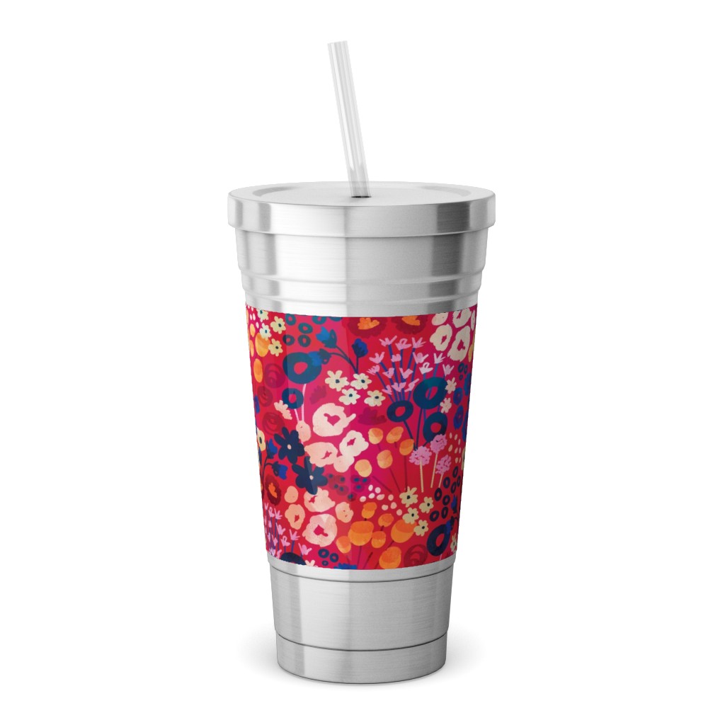 Modern Retro Floral Multi Stainless Tumbler with Straw Shutterfly