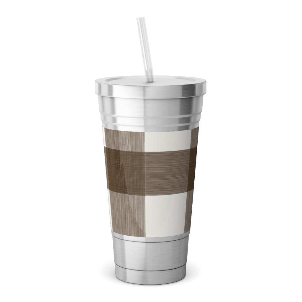 Cross Hatch Plaid Stainless Tumbler with Straw, 18oz, Brown