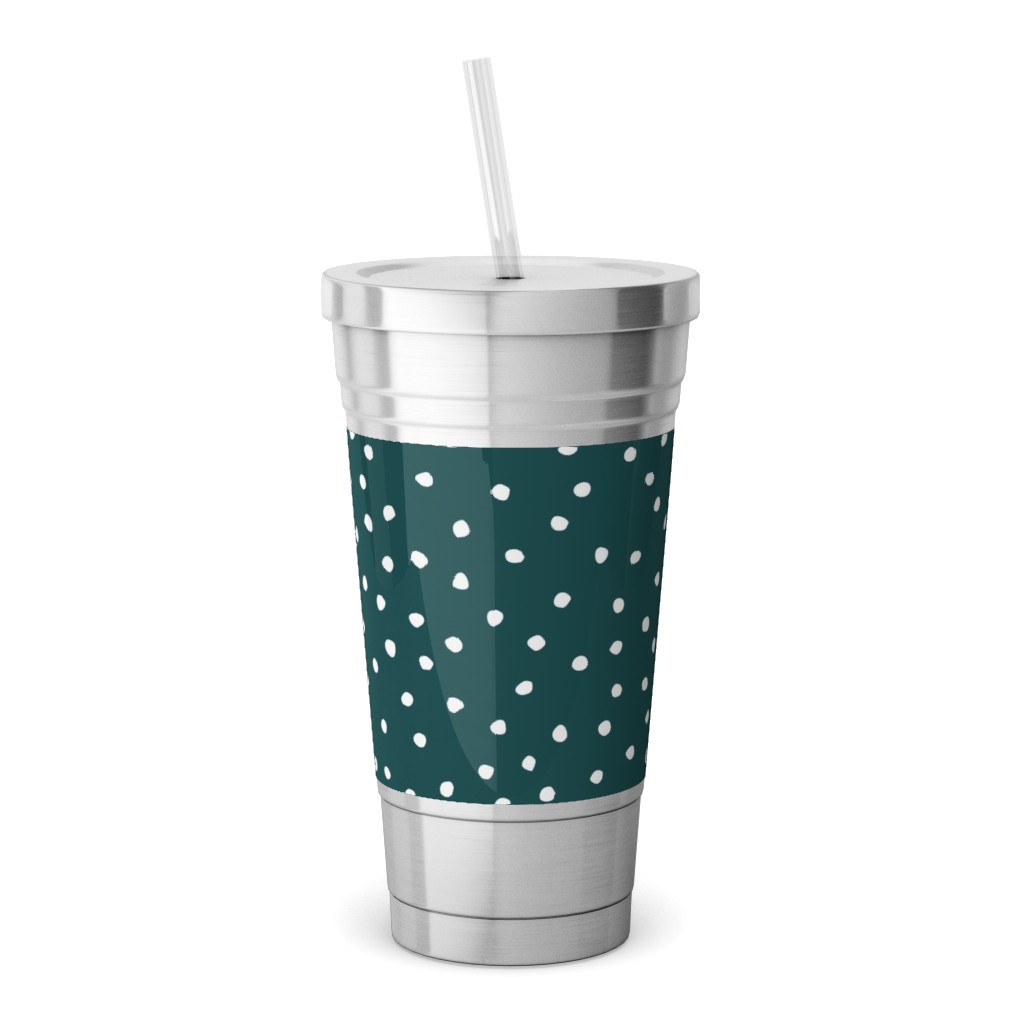 Dots - White on Emerald Stainless Tumbler with Straw, 18oz, Green