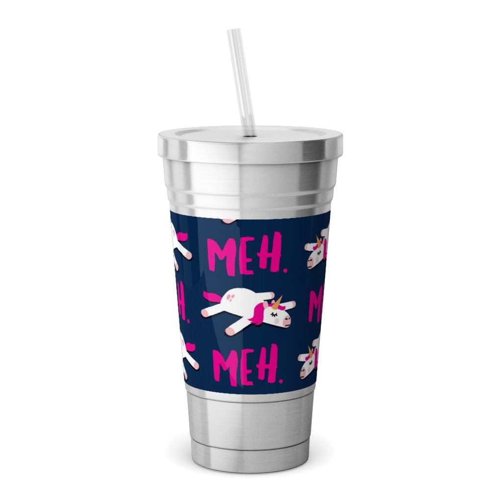 Meh - Splooting Unicorns - Pink on Navy Stainless Tumbler with Straw, 18oz, Pink