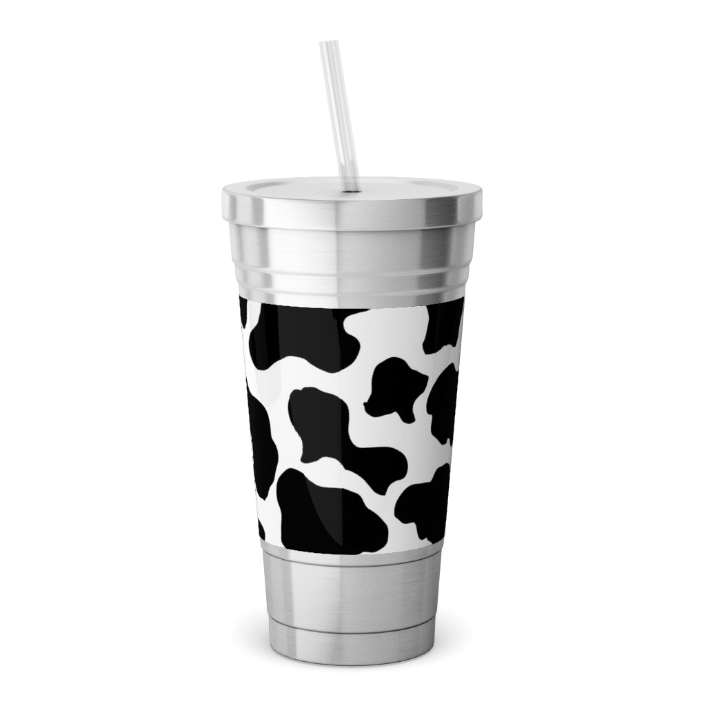 Cow Print - Black and White Stainless Tumbler with Straw, 18oz, Black