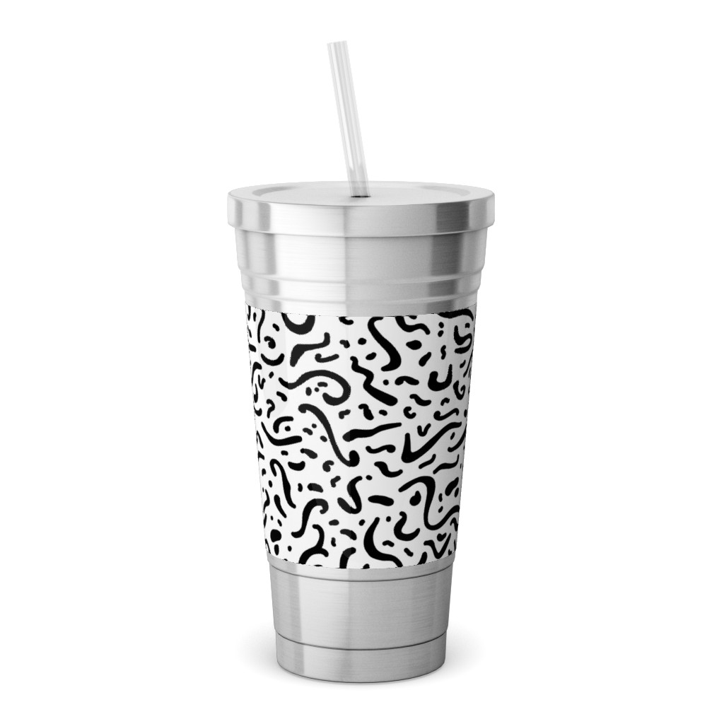 Squiggly - Black and White Stainless Tumbler with Straw, 18oz, Black