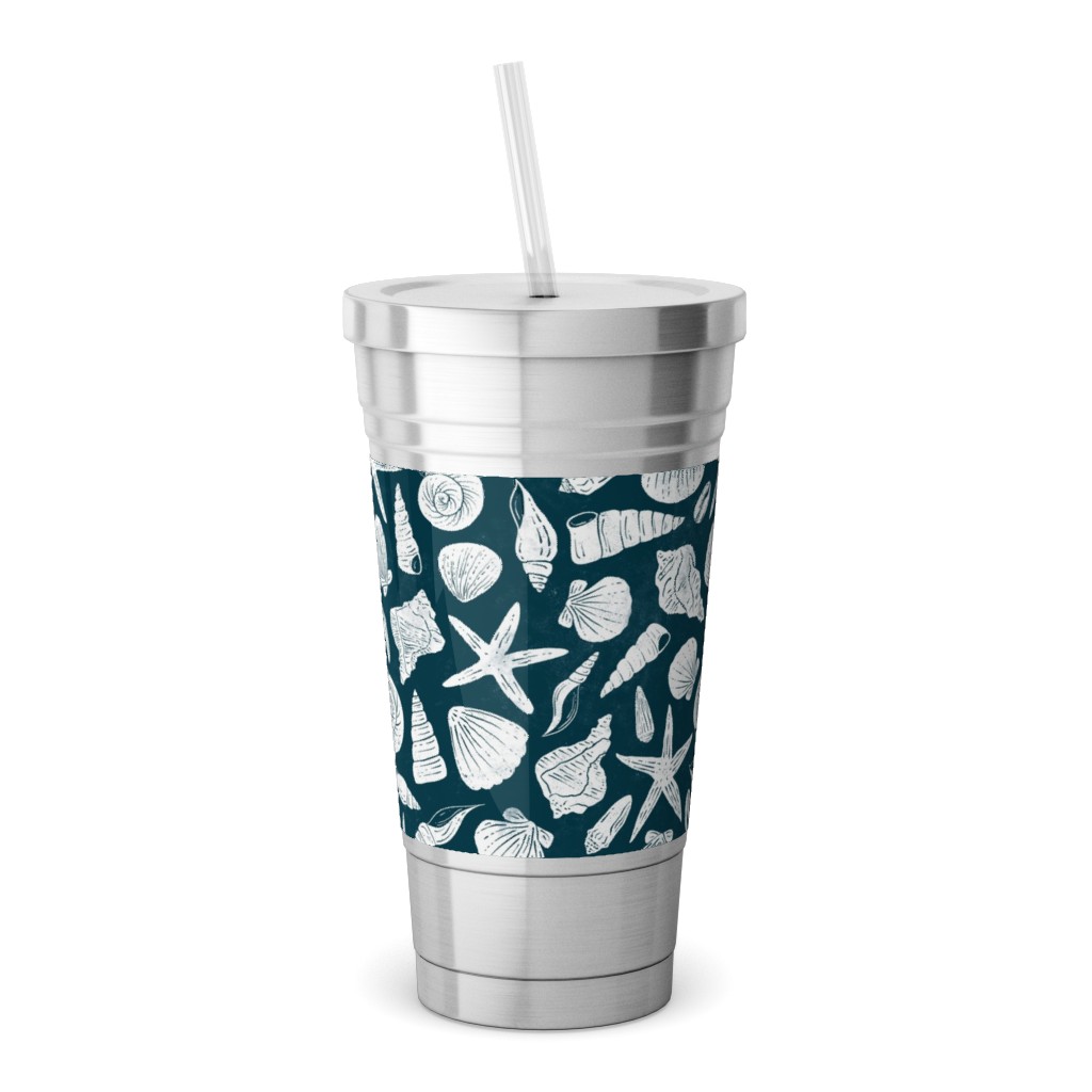 Textured Ocean Seashells - Dark Blue and Cream Stainless Tumbler with Straw, 18oz, Blue