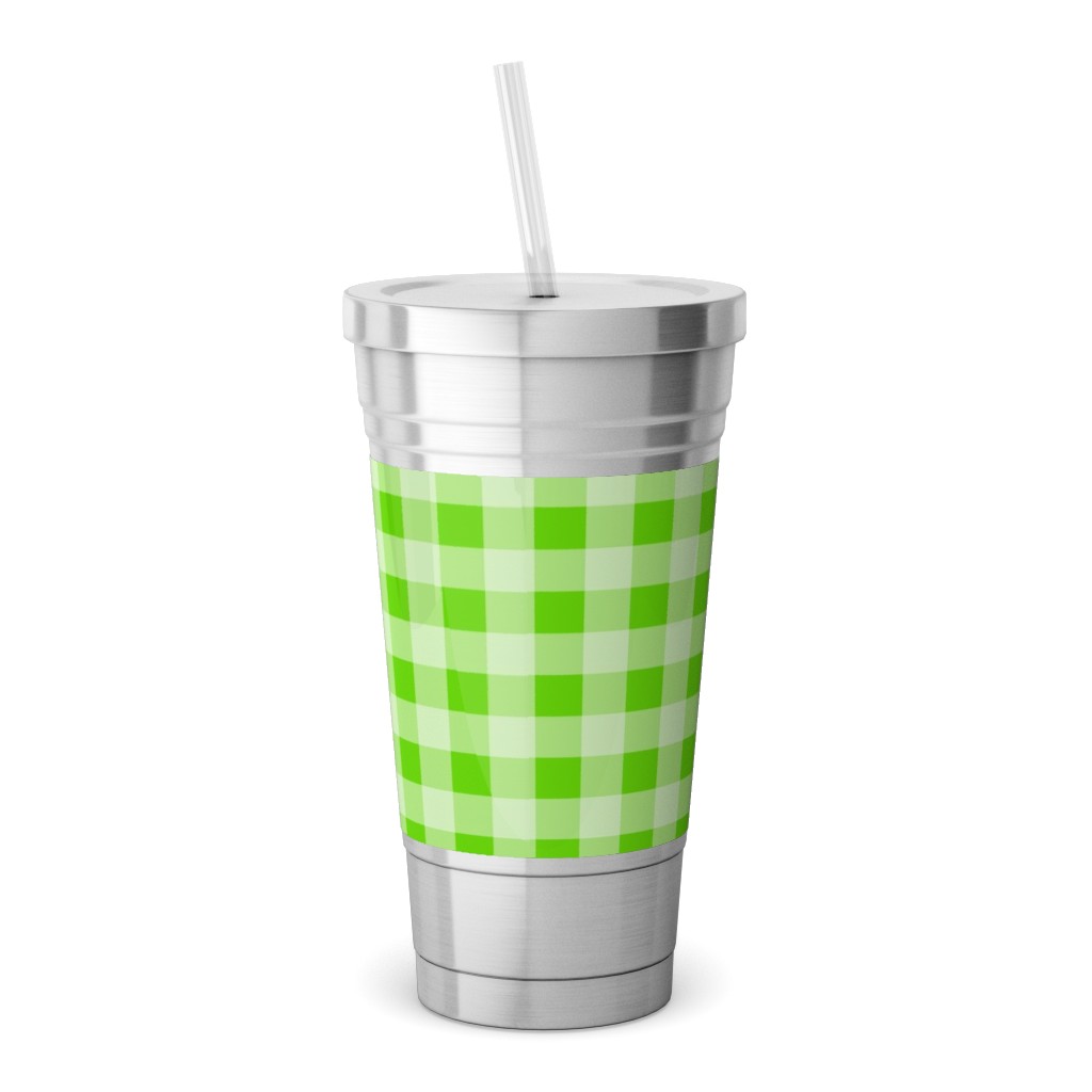 Gingham Checker - Green Stainless Tumbler with Straw, 18oz, Green