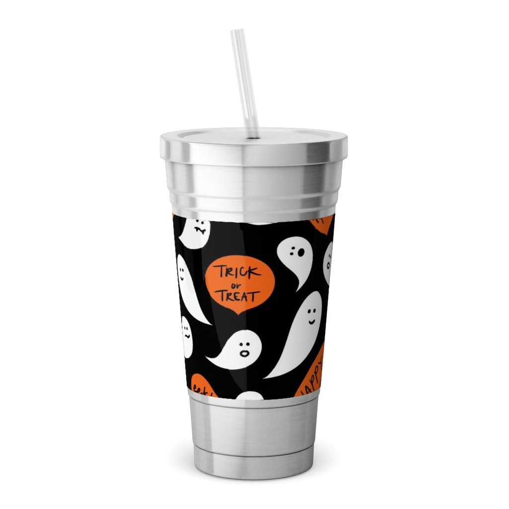 Halloween Ghosts Happy Halloween Stainless Tumbler with Straw, 18oz, Black