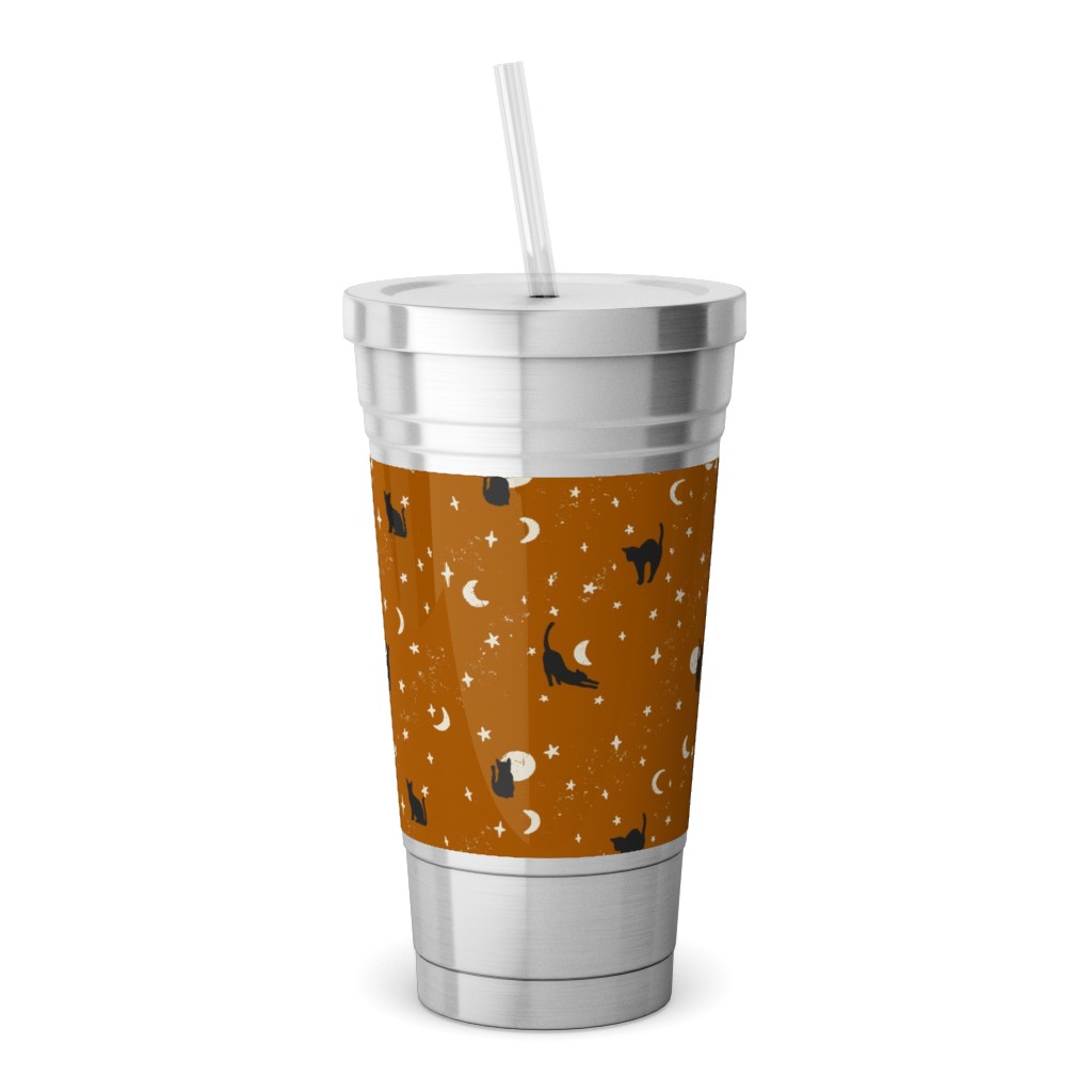 Halloween Black Cats - Orange Stainless Tumbler with Straw, 18oz, Orange