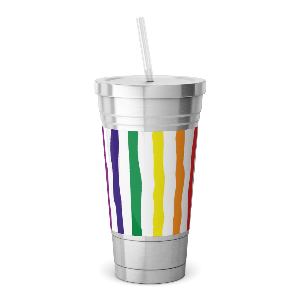 Wonky Stripes on White Stainless Tumbler with Straw, 18oz, Multicolor