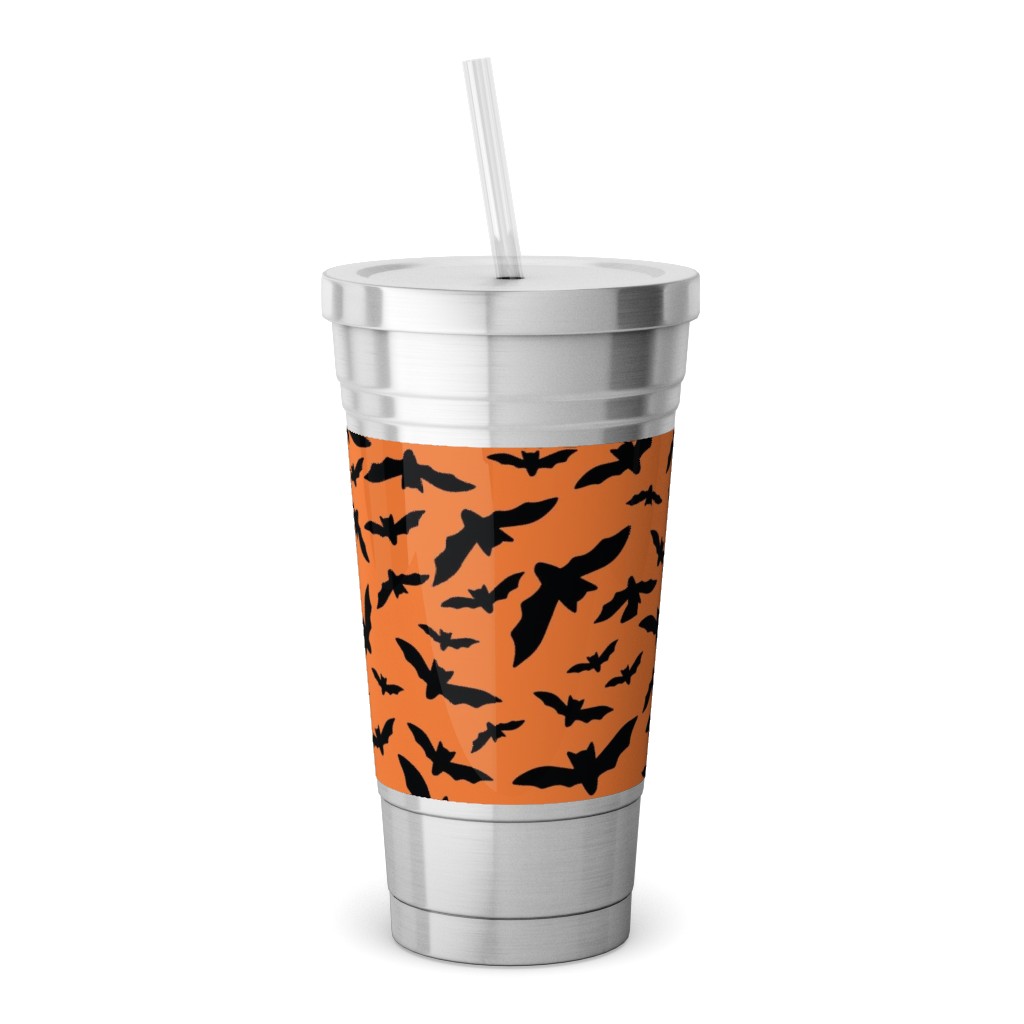 Halloween Black Bats Stainless Tumbler with Straw, 18oz, Orange