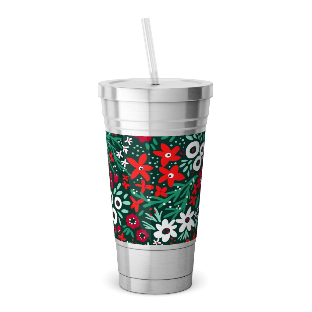 Rustic Floral - Holiday Red and Green Stainless Tumbler with Straw, 18oz, Green
