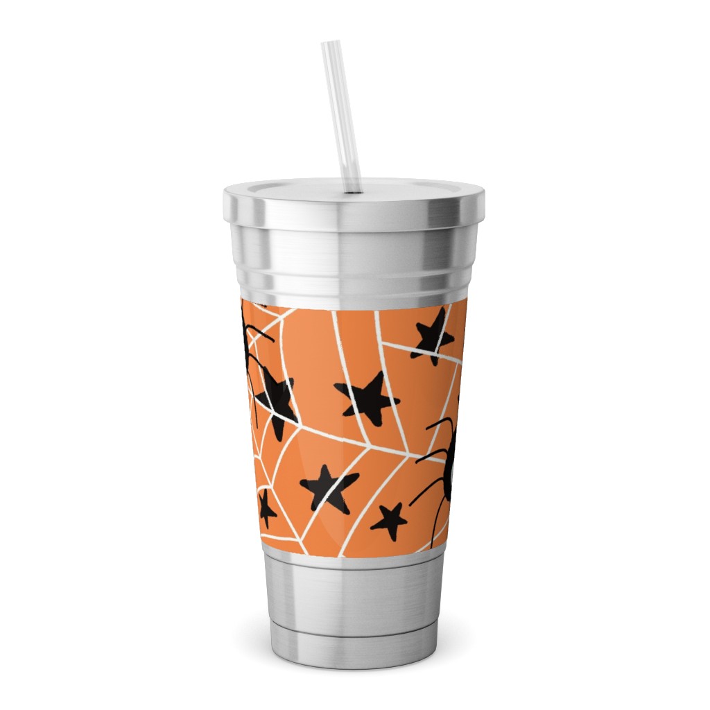 Cute Hand-Drawn Spider Halloween - Orange Stainless Tumbler with Straw, 18oz, Orange