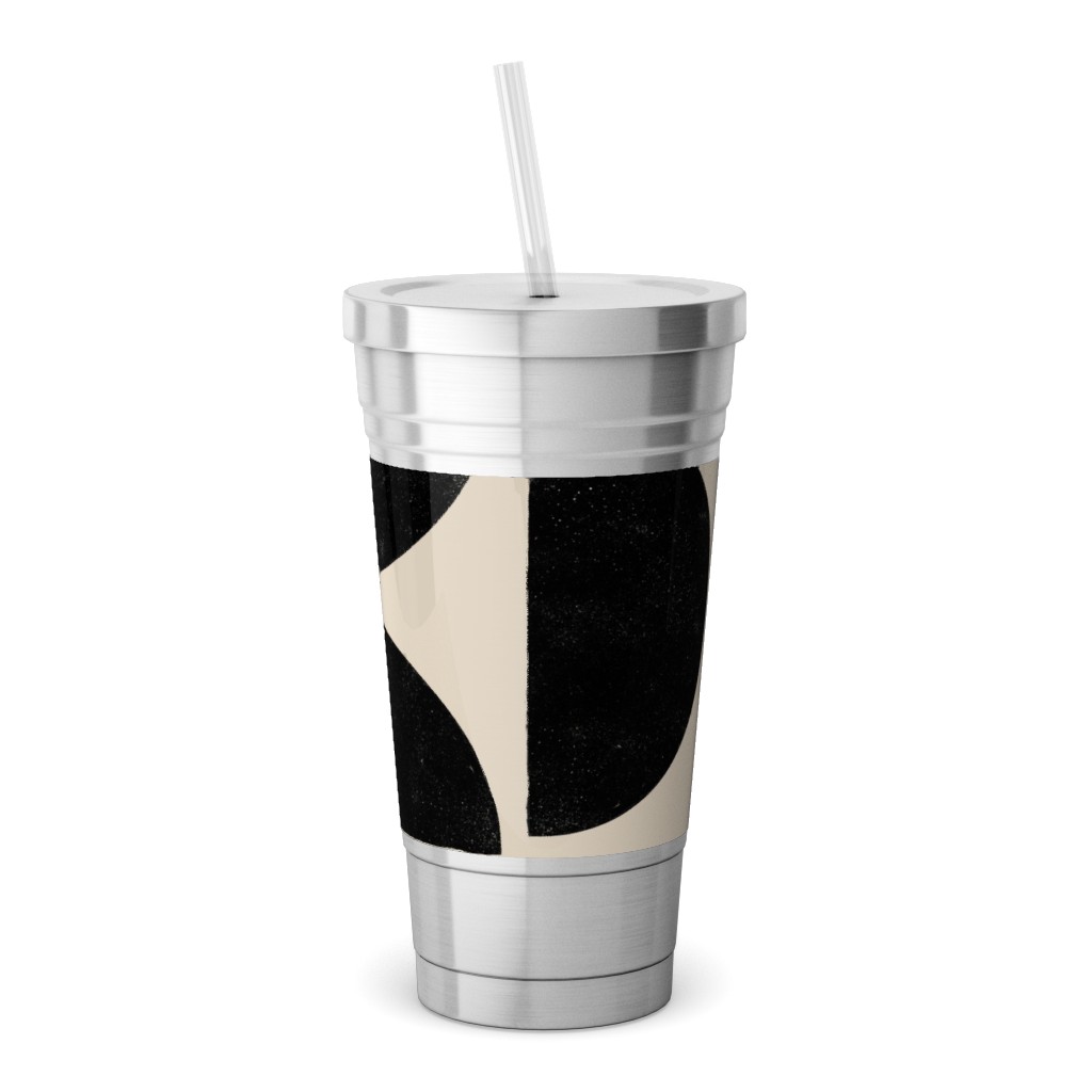 Half Moons - Black and Cream Stainless Tumbler with Straw, 18oz, Beige